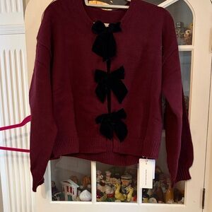 NWT Commense Burgundy Cardigan with Black Velvet Bows